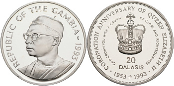 Гамбия 20 даласи 1993 40 лет коронации Елизаветы II (1953-1993), тираж 10000 экз. KM 32 серебро PROOF 1098-1-51