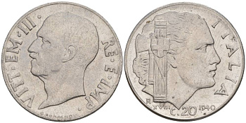 ИТАЛИЯ 20 ЧЕНТЕЗИМО 1940 R, ГОД XVIII, ВИКТОР ЭММАНУИЛ III (1900-1946), МАГНИТНАЯ, ГУРТ РИФЛЁНЫЙ KM 75b, VEM3. 1025 нержавеющая сталь 3853-524