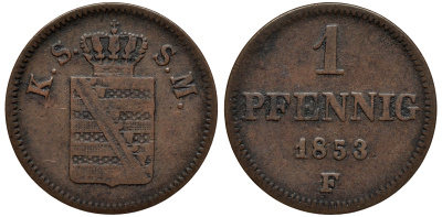 САКСОНИЯ 1 ПФЕННИГ 1853 ФРИДРИХ АВГУСТ II KM 1155, AKS 112, J. 79 медь 75-114