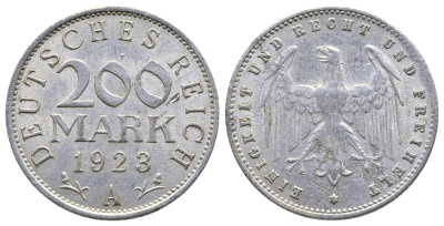 ГЕРМАНИЯ 200 МАРОК 1923 A KM 35, J. 304 алюминий 4380-437