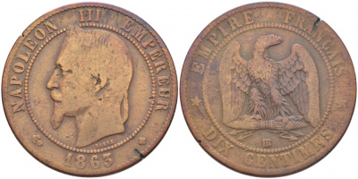 Франция 10 сантимов 1863 BB, Наполеон III (1852-1870) KM 798.2, Le Franc 134.9 бронза 3460-924