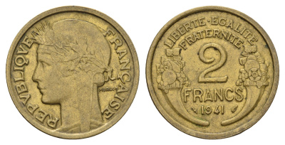 Франция 2 франка 1941 KM 886, Le Franc 268.14 алюминиевая бронза 4118-535