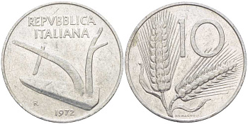 ИТАЛИЯ 10 ЛИР 1972 R, ПЛУГ, КОЛОСЬЯ KM 93 алюминий 175-421
