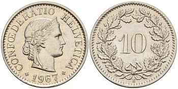 Швейцария 10 раппенов 1967 B KM 27 медно-никель 4608-513