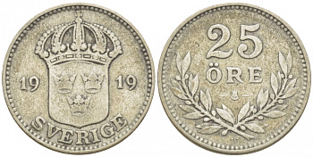 Швеция 25 эре 1919 W, Густав V (1907-1950) KM 785 серебро 3309-912