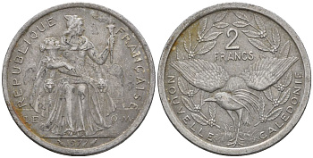 Французская Новая Каледония 2 франка 1977 птица кагу, (IEOM) KM 14, Schoen 11, Lec 58 алюминий    27-414