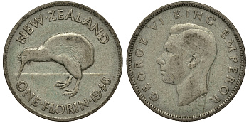 Новая Зеландия 1 флорин 1946 Георг VI (1936-1952), птичка киви KM 10.1 серебро 272-1632