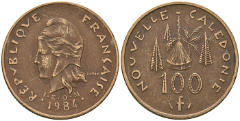 Французская Новая Каледония 100 франков 1984 хижина среди сосен и пальм, (IEOM) KM 15, Schoen 16, Lec 134 никель латунь 4137-811