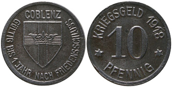 Кобленц (Пруссия, Рейн) 10 пфенингов 1918 Funck 80.1A, Men05 4526.1, Men18 5727.1 железо 4175-521