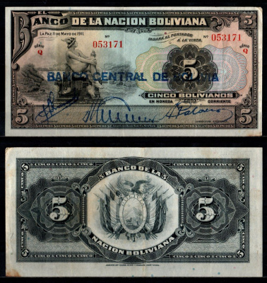 Боливия 5 боливиано 1911 (1929) Pick 113 (2) бумага 6280-8-1-2