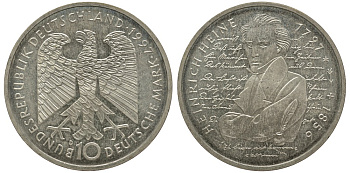 ФРГ 10 марок 1997 D, 200 лет со дня рождения Генриха Гейне KM 190 серебро UNC 00-00