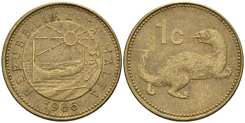 Мальта 1 цент 1986 ласка, горностай KM 78 никель латунь 4585-1134