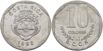 Коста-Рика 10 колонов 1992 B.C.C.R. KM 215.1 нержавеющая сталь 82-125