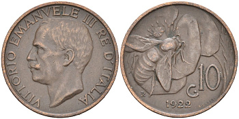 Италия 10 чентезимо 1922 R, ПЧЕЛА, ВИКТОР ЭММАНУИЛ III KM 60 медь 4571-512