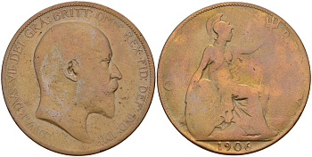 Великобритания 1 пенни 1906 Эдуард VII (1901-1910) KM 794.2, Sp 3990 бронза 115-1044