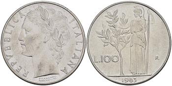 ИТАЛИЯ 100 ЛИР 1963 R, АФИНА KM 96.1 сталь 32-1233