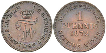 Мекленбург-Шверин 1 пфенниг 1872 В, Фридрих Франц II (1842-1883) KM 315 (С102), AKS 50, J.60 медь 206-262