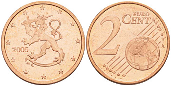 ФИНЛЯНДИЯ 2 ЕВРОЦЕНТА 2005 M KM 99 сталь плакированная медью UNC 214-321