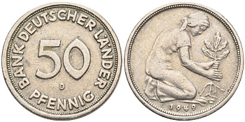 ФРГ 50 пфеннигов 1949 F KM 104, J. 379 медно-никель 4132-1155