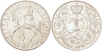 Великобритания 25 пенсов 1977 5 лет со дня коронации Елизаветы, Елизавета II (1952-2022) KM 894, Spink 4136 медно-никель aUNC 118-1135