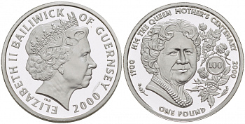 Гернси 1 фунт 2000 100 лет Елизавете, королеве матери KM 99 серебро PROOF 650-1111