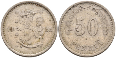 ФИНЛЯНДИЯ 50 ПЕННИ 1938 S KM 26 медно-никель 192-1118