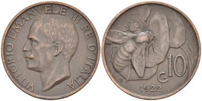 Италия 10 чентезимо 1922 R, ПЧЕЛА, ВИКТОР ЭММАНУИЛ III KM 60 медь 4571-512