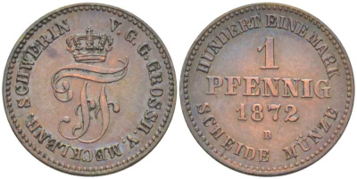 Мекленбург-Шверин 1 пфенниг 1872 В, Фридрих Франц II (1842-1883) KM 315 (С102), AKS 50, J.60 медь 206-262