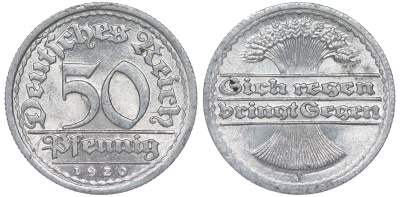 Германия 50 пфеннигов 1920 J KM 27, J. 301 алюминий 4163-944