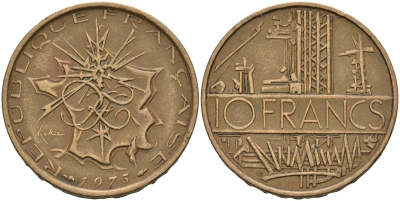 Франция 10 франков 1975 тип Матье KM 940, Le Franc 365.5-6 никель латунь 4607-412