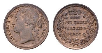 Великобритания 1/3 фартинга 1866 Виктория (1837-1901), имел хождение на Мальте KM 750, Spink 3960 медь UNC 603-1521