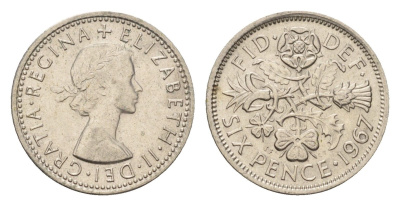 Великобритания 6 пенсов 1967 Елизавета II (1952-2022) KM 903, Spink 4149 медно-никель 192-965