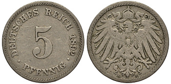 ГЕРМАНИЯ 5 ПФЕННИГОВ 1892 E, KM 11, J. 12 медно-никель 413-3422