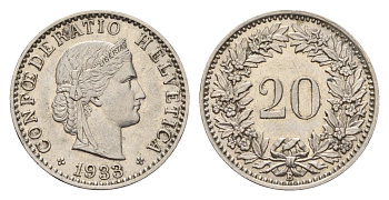 Швейцария 20 раппенов 1933 B KM 29 никель 4124-441