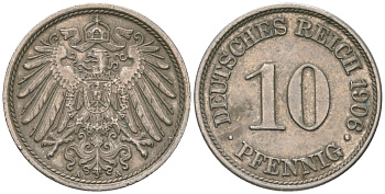 Германия 10 пфеннигов 1906 A, Вильгельм II (1888-1918) KM 12, J. 10 медно-никель 4561-832