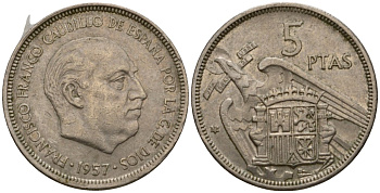 Испания 5 песет 1957 (73) Франсиско Франко (1939-1975) KM 786 медно-никель 186-732