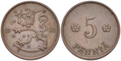 ФИНЛЯНДИЯ 5 ПЕННИ 1932 KM 22 медь 192-1248