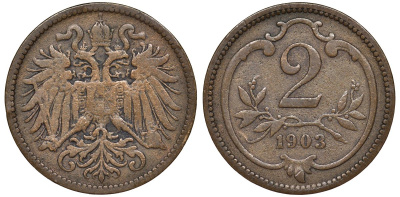 Австрия 2 геллера 1903 Франц Иосиф (1846-1918) KM 2801 бронза 4174-147