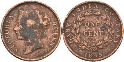 Стрейтс-Сетлментс 1 цент 1845 Виктория (1837-1901), Ост-Индская компания KM 3 медь 4590-134