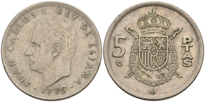 Испания 5 песет 1975 (80) Хуан Карлос I (1975-2014) KM 807 медно-никель 4155-712