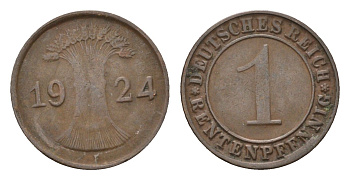 Германия 1 рентенпфенниг 1924 F KM 30, J. 306 бронза 4696-566