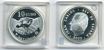 Испания 10 евро 2005 M, 60 лет миру и свободе в Европе KM 1065 серебро PROOF 04-102-21