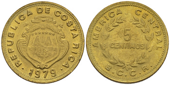 КОСТА-РИКА 5 СЕНТИМО 1979 g KM 184.3а латунь 66-544