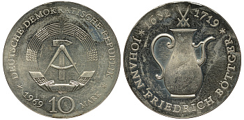 ГДР 10 марок 1969 А, 250 лет со дня смерти Иоганна Фридриха Беттгера KM 24, J. 1527 серебро UNC 413-6433