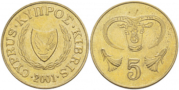 КИПР 5 ЦЕНТОВ 2001 KM 55.3 никель латунь UNC 4539-922