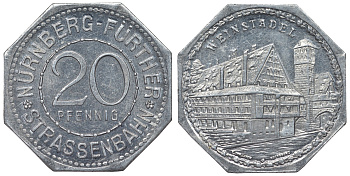 Германия, Нюрнберг - Фюрт 20 пфеннигов ND трамвайный жетон, винзавод алюминий UNC 4119-737