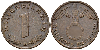 Германия 1 рейхспфенниг 1939 B KM 89, J. 361 бронза 4147-1168
