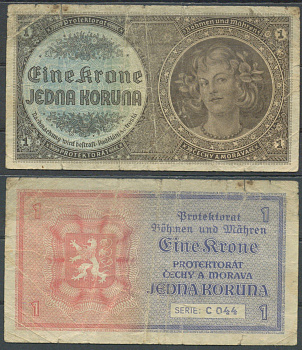 Богемия и Моравия 1 крона ND (1940) Pick 3 бумага 7553-8-1-2