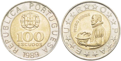 Португалия 100 эскудо 1989 Педру Нуниш (1502-1578), математик KM 645.1 биметалл 110-351