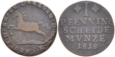 БРАУНШВЕЙГ-ВОЛЬФЕНБЮТТЕЛЬ 1 ПФЕННИГ 1818 FR, КАРЛ II (ГЕОРГ III КОРОЛЬ БРИТАНИИ) (1815-1820) KM 1068 медь 210-136